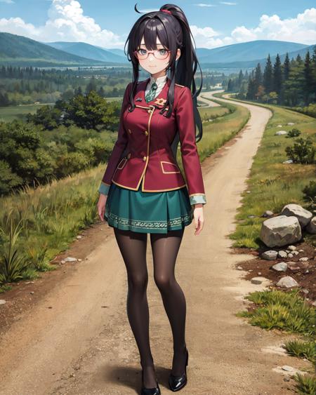 best quality, (masterpiece:1.2), illustration, absurdres,
(1girl), (solo), (beautiful detailed girl), full body shot,,
<lora:Dorothee-06:0.7>, Dorothee, black hair, ponytail, long hair, grey eyes, red glasses, messy hair, tired, bags under eyes
red jacket, green skirt, pantyhose,
looking at viewer, smile,
overlooking distant mountains, distant river, (pine forest), autumn colors, sky, clouds, intricate, detailed background,