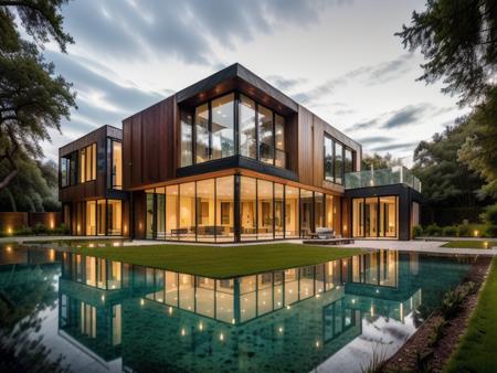 mordenhouse, steel and glass, House by the garden, dynamic (RAW photo, real, best quality, masterpiece:1.2), detailed, (hyper realistic, photo-realistic:1.2), high quality, (dark lighting:1.2), perfect lighting, archdaily <lora:bietthuMJ1:0.6>