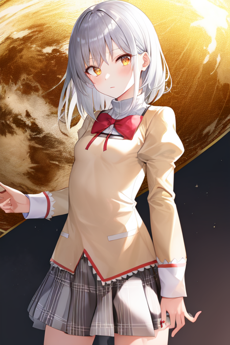 mitakihara school uniform, (gold eyes:1.5), (silver hair:1.5), (the world:2)