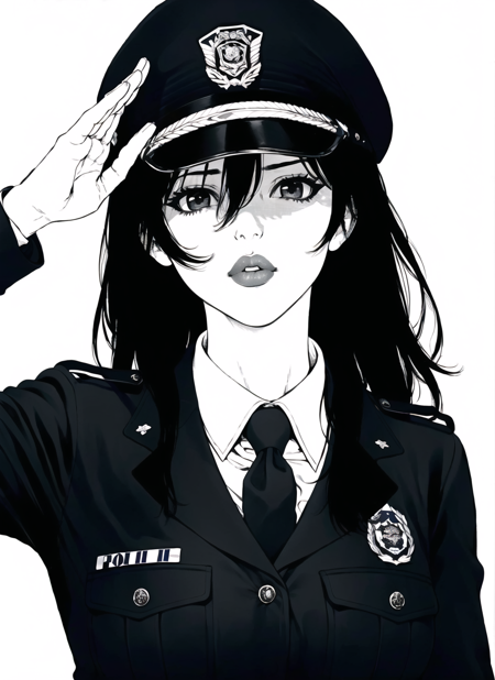 boichi manga style,  1girl, monochrome, greyscale, salute, solo, uniform, hat, police, necktie, police uniform, policewoman, military uniform, military, long hair, lips, looking at viewer, ((masterpiece)) <lora:boichi_manga_style_offset:1>