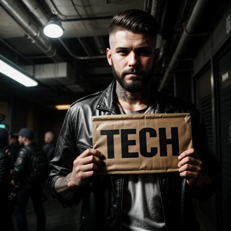 a badass man holding a (sign with text saying "Techno"), (medium closeup:0.6), short undercut hair, beard, cyberpunk room