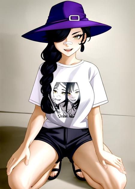 1girl, solo, long hair, looking at viewer, black hair, bandaid on face, yellow eyes, smile, bandaid on nose, braid, bandaid, bangs, breasts, open mouth, fang, bare shoulders, scar, teeth, shirt, bare shoulders, white shirt, short sleeves, closed mouth, t-shirt, hair over one eye, portrait, hair over shoulder, shorts,sandals, breast,purple hat, shorts,<lora:kairunoborugu_v1:0.9> <lora:Kairunoburogu:0.2>  <lora:Erisafortnite-09:0.5>