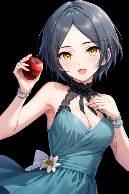 <lora:KanadeHayami-10:0.7>,hayami kanade, 1girl, solo, looking at viewer, short hair, open mouth, simple background, black hair, dress, holding, cleavage, bare shoulders, medium breasts, yellow eyes, upper body, food, parted bangs, fruit, blue dress, holding food, black background, apple, holding fruit