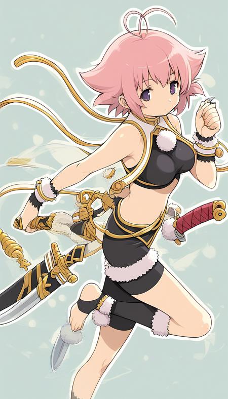 Sugar, short hair, ahoge, antenna hair, weapon, purple eyes, pink hair, dagger, knife, small breasts, bare shoulders, shorts, midriff, fur trim, bike shorts, crop top, anklet,  jewelry, pom pom (clothes),  breasts, closed mouth,  outline, wristband, sleeveless, black eyes,  wrist cuffs, black shorts, ankle cuffs,