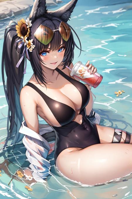 1girl, animal ears, bangs, bare shoulders, black hair, black one-piece swimsuit, blue eyes, blush, cleavage, collarbone, cup, disposable cup, drinking, drinking straw, eyewear on head, flower, fox ears, hair flower, hair ornament, holding, holding cup, kii \(azur lane\), large breasts, long hair, looking at viewer, one-piece swimsuit, side ponytail, sitting, smile, solo, sunglasses, swimsuit, thigh strap, water,shiny,shiny skin