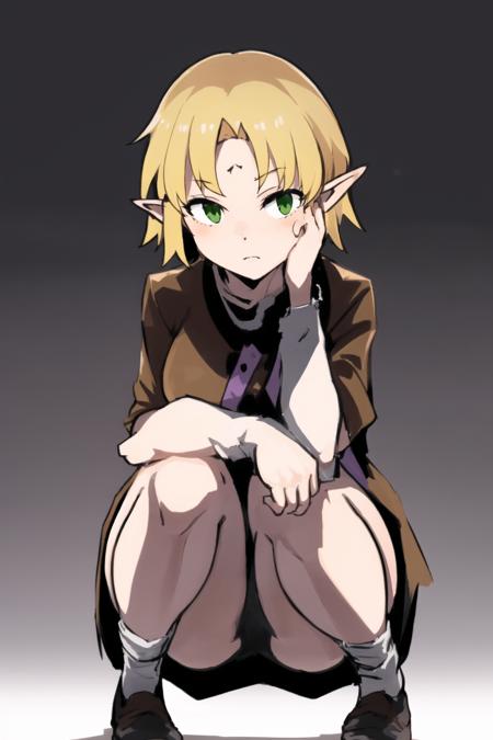 1girl,solo, 
squatting,
 <lora:JOKER_V10:0.95>,JOKER,blonde hair, blown jacket,intake bungs, forehead,green eyes,pointy ears, short hair,expressionless, hair streaked to the side