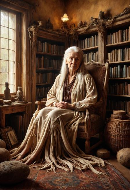 score_9, score_8_up, score_7_up, score_6_up, morph-treeroots A serene portrait of a wise old Vulcan woman with flowing white hair, her face etched with the wisdom of a lifetime. She is sitting in a cozy armchair, surrounded by books and artifacts from her travels. The room is filled with soft, natural light, creating a sense of peace and tranquility. The style is a blend of classical portraiture and impressionism, reminiscent of the works of John Singer Sargent and Mary Cassatt, with a color palette of warm earth tones, daylight, best artist, best shadows, best lighting, best textures, best contrast, epic background, portrait, sfw, pg
