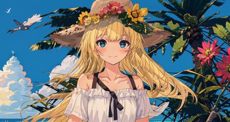 1girl, hat, solo, blonde hair, hat flower, blue eyes, outdoors, long hair, flower, tree, looking at viewer, smile, sky, straw hat, bare shoulders, upper body, cloud, day, bangs, palm tree, dress, white dress, closed mouth, blue sky, sun hat, yellow flower, collarbone, off shoulder, frills, blush, ocean, bird, hand up