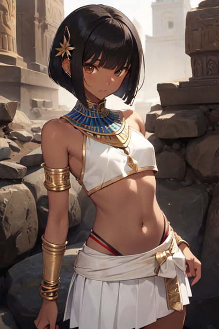 AsarAigis, 1girl, solo, short hair, white skirt, black hair, hair ornament, navel, bare shoulders, brown eyes, small breasts, midriff, dark skin, blunt bangs, dark-skinned female, bob cut, armlet, white egyptian clothes, 