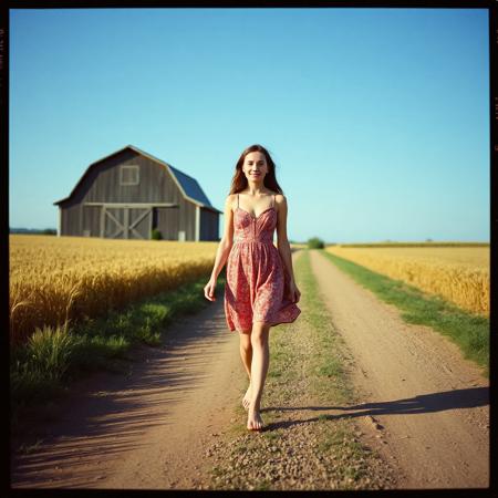 Faded Photo, analog film photo style captured with a Hasselblad 501, 120mm film, contact print, thin black film border around photo,  film photography enhanced with retro grain, a beautiful young woman wearing a beautiful summer dress, walking barefoot down a dirt road, large barn in background, fields of wheat on each side of rod, deep blue sky, an old portrait ,posing dynamic, slight smile, analog photo   <lora:Thorabirchv2x2:1> th0r4b . dark, mysterious, haunting, dramatic, ornate, detailed . faded film, desaturated, 120mm film photo, grainy, vignette:0.8, vintage, Kodachrome, Lomography, stained, highly detailed, found footage, analog, old faded photo, old polaroid, color graded portra 400 film, remarkable color, ultra realistic, textured skin, remarkable detailed pupils, realistic dull skin noise, visible skin detail,