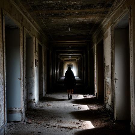 RAW photo, screaming creature at the end of hallway, 8k uhd, dslr, soft lighting, high quality, film grain, Fujifilm XT3, Masterpiece, photorealistic, abandoned hospital, looking down hall way,