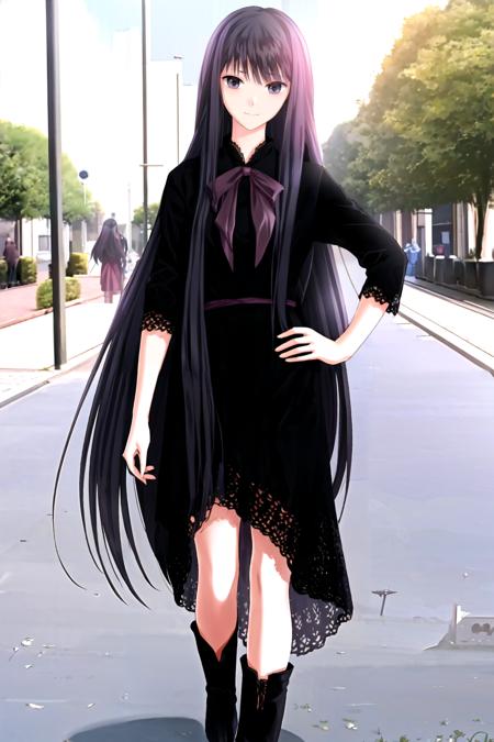 ev17tgmj, hand_on_hip, solo,  1girl, long_hair, black_hair, long black dress, long_sleeves, very_long_hair, bowtie, looking_at_viewer, bow, black boots,  <lora:Ever17Jiu:0.8>, outdoor, sunlight, sunny, flower,