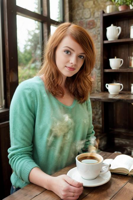<lora:LassSD:0.8> A young woman in a cozy vintage café, wearing a sweater and having a steaming cup of coffee. Sunlight streams through large windows, illuminating her serene expression. Rustic furniture, antique decor, shelves with books and jars, soft golden lighting, tranquil atmosphere. RAW photo, soft lighting, 8K UHD, DSLR, film grain, Nikon D850.