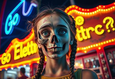 “A whimsical and surreal portrait of a girl with a distorted, comical face, featuring one eye larger than the other, vibrant face paint, and two playful braids in her hair. Half of her face is a real, bones skull, with detailed, decayed bone structure, exposing cracked and aged bones, and the skull appears lifelike yet worn with time. The other half is covered in exaggerated, colorful face paint. The skull gives off a gritty, almost macabre vibe, blending with the lively and hype atmosphere of the carnival. Captured using a 12mm fisheye cinematic prime lens for an exaggerated perspective. The setting is a lively carnival with neon lights, whimsical decorations, and a dreamy yet unsettling atmosphere. A rotten, old light banner in the background displays the text: ‘Go Elettric!?’ in flickering, uneven letters. The colors and contrasts are enhanced for a surreal effect, combining playful and eerie styles, with a mix of humor and dark visual artistry.”