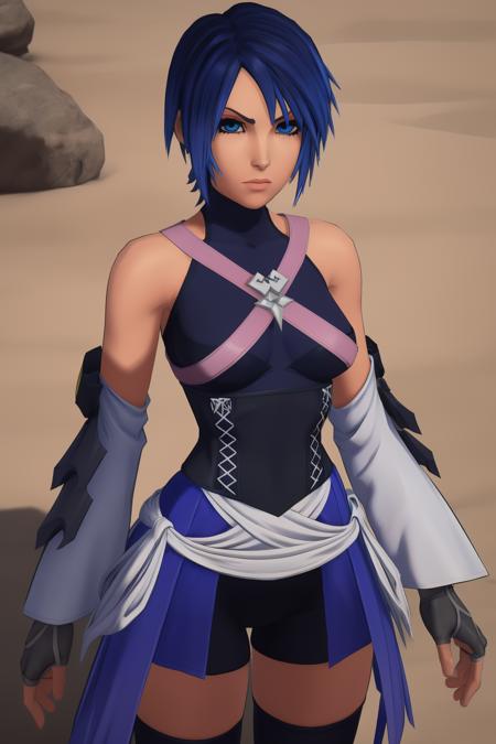 Highly detailed, High Quality, Masterpiece, <lora:[Floor]KHAqua:.8>, <lora:Afrobull [MockAi - v1.0]:.8>, cell shading, simple shading, colorful, clean lineart, solo, KH-Aqua, blue eyes, blue hair, short hair, arm armor, pink torso strap, chest ornament, dark blue halter turtleneck, young woman, blue skirt with white ribbons, grey fingerless gloves, black shorts, black thighhighs