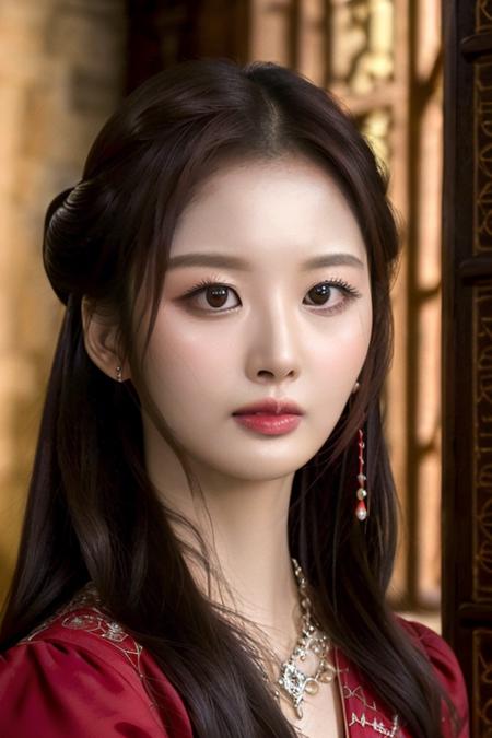 a nmixxsullyoon, perfect eyes, red dress, window, book, table, (ultra realistic:1.2), (standing in castle room:1.1), (close-up photo:1.3), (masterpiece:1.1), (intricate:1.2), (looking at camera:1.2), (dramatic:1.1), (best quality:1.2), <lora:nmixxsullyoon-v1-hb:1>