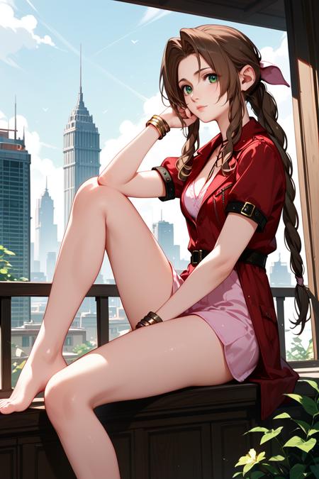 FF7Aerith, 1girl, brown hair, green eyes, long hair, braided ponytail