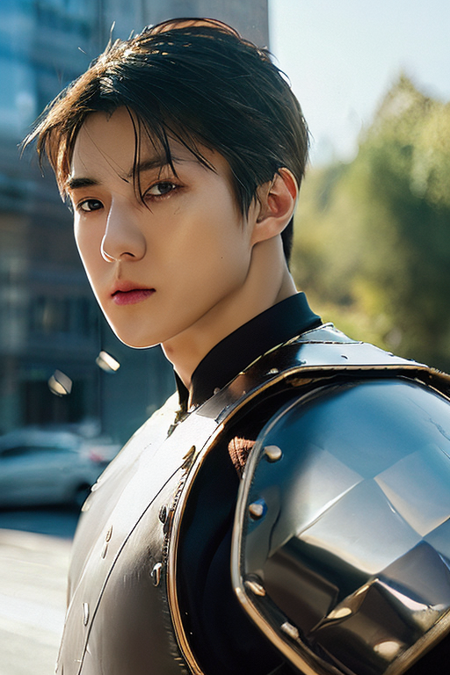 1boy, solo, male focus, (looking at viewer,close-up:1.2), short hair, armor, crystal fractural, reflections, dramatic lighting, refraction, realistic, photorealistic (masterpiece, best quality)(mid body), outdoors, out of the city, border light