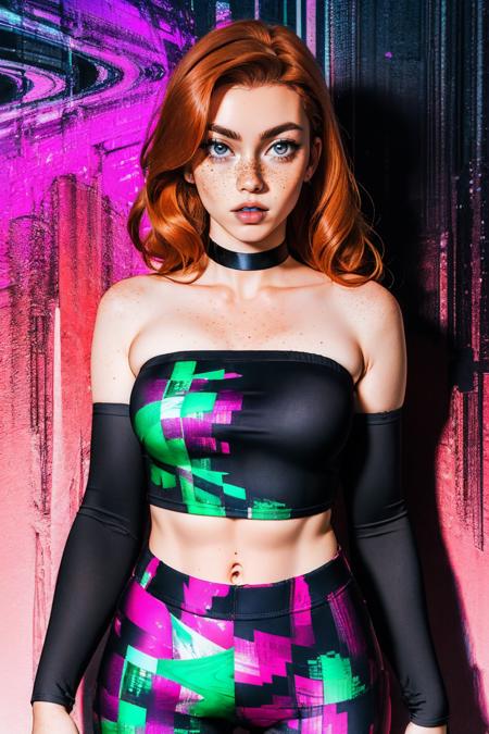 m4tr1x, bare shoulders, detached sleeves, choker, midriff, strapless, tube top, pants, glitch pattern,