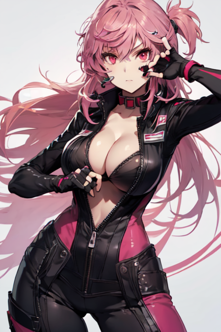 AoiHidaka, 1girl, solo, long hair, large breasts, red eyes, gloves, cleavage, pink hair, fingerless gloves, collar, bodysuit, unzipped, 