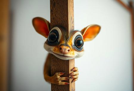 A whimsical creature peeks into the right side of a vertical canvas, its large, curious eyes staring directly into the frame as if observing the viewer. The frame itself appears to bend slightly, reacting to the creatureâs playful presence, creating the illusion that itâs part of the scene, Vibrant Glow