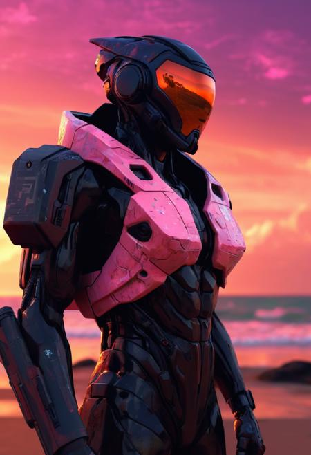 ( humanoid figure, outdoors, black figure with a glossy, smooth texture, patched, dilapidated, chipped, pitted and dented, glowing hexagonal patterns, red glow:1.1), (cybernetic, alien:0.3),helmet, sleek, at rest, scanning horizon for threats, ( rifle slung on back, futuristic rifle slung over its shoulder, weapon slung,  black rifle, realistic texture, scope:1.3),( from behind, full body, three quarter profile, back to the viewer,:1.3) ,
(serene beach background, blurry background, depth of field, golden sand,gentle waves, sunset, golden hour, , shore.gradient of warm, orange, pink, and purple hues, wispy, scattered clouds :1.1),  receding background, detailed and realistic,  HDR, UHD, 8K, (wide angle, high angle, sympathetic, lonely 1boy,sentinel, digital painting,  futuristic, 
, dynamic pose:0.8),