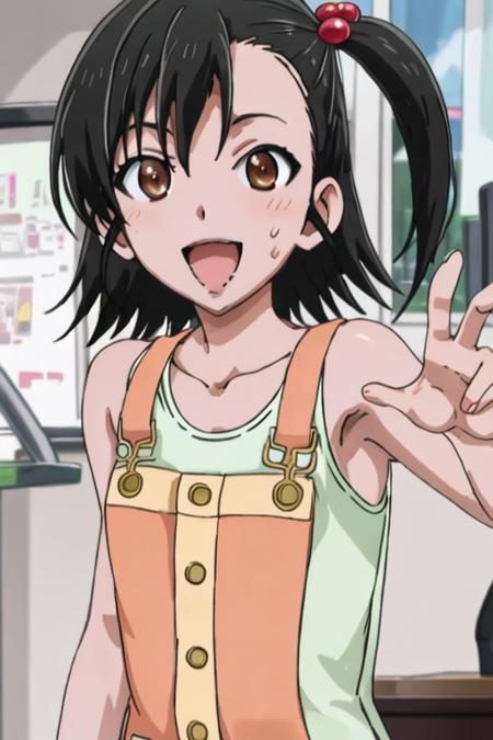 best quality, masterpiece, highres, solo, {ashisu_sahono_mangakasantoassistantsanto:1.15}, black_hair, short_hair, brown_eyes, open_mouth, hair_bobbles, hair_ornament, side_ponytail, smile, 1girl, blush, tank_top, sweatdrop