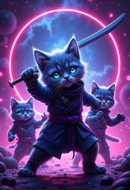 aidmaimageupgrader, a high quality digital Synthwave styled image of Metagalactic Ninja Kittens Battle at the Edge of Time