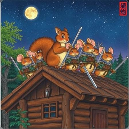 A warm summer night,  a one big squirrel is a commander of a group of  mice. All  are standing on the top of a wooden roof of a big wooden cabin in the middle of the forest.  All of them wear a medieval knight armors and hold steel swords. vivid colors, ukiyo-e  style