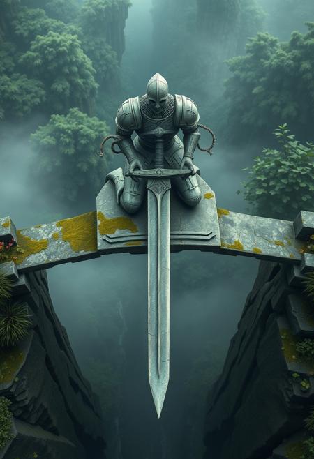 Here’s the revised prompt emphasizing the knight offering the sword like a tray, with hands beneath it:
"A mesmerizing mystical landscape viewed from a bird’s-eye perspective, featuring a colossal stone knight as the central figure. The knight is in a kneeling position atop a moss-covered rocky pedestal, holding a massive sword horizontally in both hands as if offering it like a tray. His stone hands are positioned palms-up beneath the sword, supporting its weight. The sword, ancient and weathered, forms a bridge spanning a deep chasm, its surface cracked and adorned with creeping moss and vines. The knight’s figure, carved from weathered stone, is covered with intricate carvings and patterns, now faded by time, and further adorned with patches of moss and small plants growing from its crevices.
Behind the bridge lies an enchanting, otherworldly forest, dense with towering trees and thick foliage. The forest is shrouded in a soft, glowing mist, with faint bioluminescent lights emanating from the vegetation, casting an ethereal glow. Rays of cinematic light break through the mist, illuminating the knight, the sword bridge, and the surrounding area with a surreal, golden-green hue. Every detail is rendered with maximum precision, from the textures of the knight’s cracked stone surface to the vibrant, mystical forest. The atmosphere is one of reverence, ancient mystery, and awe-inspiring beauty."