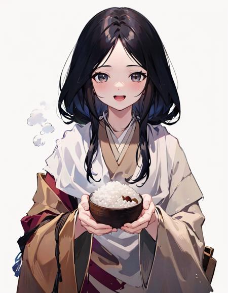 ricechan, 1girl, black_hair,solo, bowl, holding, japanese clothes, rice, kimono, food, steam, white background, simple background, long sleeves, upper body, holding bowl, brown kimono, looking at viewer, open mouth, bangs, smile, wide sleeves,  rice bowl,<lora:RicechanSekiroV1-000006:1>,