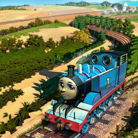 1train, <lora:Thomas the Tank:0.8>,Thomas The Tank, Thomas The Train.train tracks,grass background,high quality,highly detailed,smoke,cgi,realistic,3d