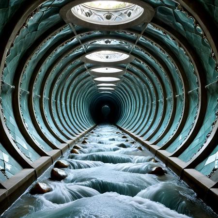 Smooth polished CHromium and precious stones covered sewer tunnel, raging water running through the botton canal designed with the golden ratio, M.C. Escher, and airy elven fantasy architecture, met and gave birth to something wondrous and overwhelming.