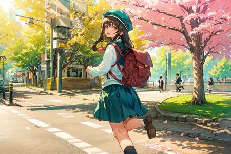 sign, road sign, outdoors, solo, skirt, brown hair, road, bag, socks, hat, backpack, shoes, scenery, sunlight, tree, traffic light, brown footwear, school uniform, dappled sunlight, street, day, long hair, flower, white socks, petals, loafers, looking at viewer, looking back, brown eyes, shirt, braid, white shirt, cherry blossoms, standing, sweater vest, blue skirt, open mouth, glasses, smile, ground vehicle, black skirt, running, long sleeves, beret, utility pole, crosswalk, standing on one leg<lora:airconditioner:1>