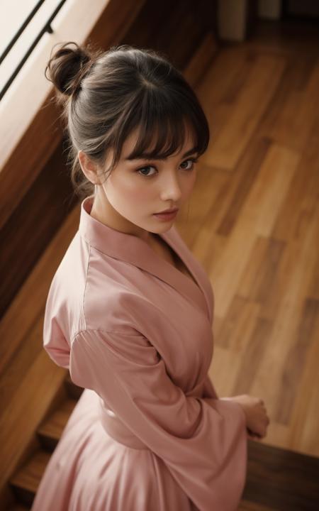 cinematic film still masterpiece, best quality, absurdres, illustration,1girl, solo, blush, looking at viewer, looking up, from above, chinese clothes, pink dress, long sleeves, brown eyes, black hair, bangs, hair bun, outstretched hand,  reaching towards viewer, lips, foreshortening, ribbon, stairs, . shallow depth of field, vignette, highly detailed, high budget, bokeh, cinemascope, moody, epic, gorgeous, film grain, grainy