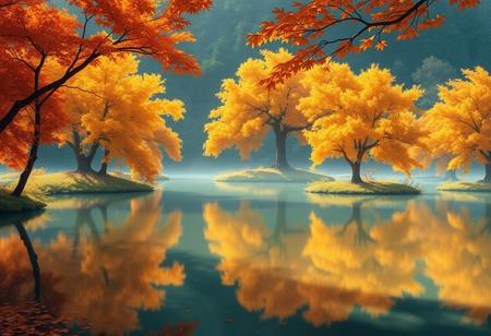Stunningly detailed reflection of golden and orange katsura trees surrounding a natural round lake in autumn, tranquil and enchanting atmosphere, rendered in the art style of Studio Ghibli, magical lighting, immersive depth