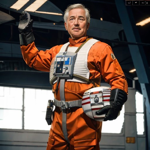 old man in rebel pilot suit <lora:rebelpilotsuit:1>  in airforce hangar,raising hand, RAW photo, 8k uhd, dslr, soft lighti...