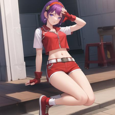 (masterpiece, best quality:1.2),illustration,8k,hd,1girl,solo,breasts,purple eyes,fingerless gloves,purple hair,short hair,red hairband,earrings,hair ornament,star hair ornament,sash,vest,shoes,red shorts,cropped shirt,zipper,midriff,navel,crop top,<lora:Asamiya Athena-99:0.6>,