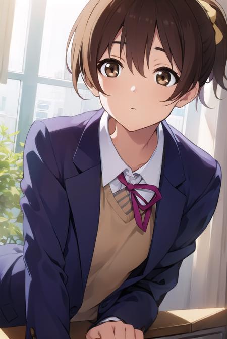 konuihirasawa, <lyco:uihirasawa-LYCORIStest:1>,
ui hirasawa, (brown eyes:1.5), brown hair, ponytail, short hair, (flat chest:1.2),
BREAK sakuragaoka high school uniform, school uniform,
BREAK looking at viewer,
BREAK indoors, classroom,
BREAK <lora:GoodHands-vanilla:1>, (masterpiece:1.2), best quality, high resolution, unity 8k wallpaper, (illustration:0.8), (beautiful detailed eyes:1.6), extremely detailed face, perfect lighting, extremely detailed CG, (perfect hands, perfect anatomy),