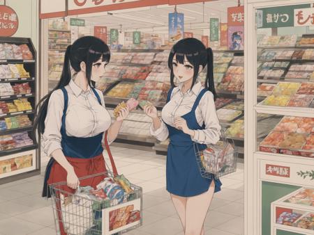 1girl, best quality, illustration, masterpiece, shop, buying condoms, candy store, fluttered hair, shopping,  convenience store, HDR, reflective, glossy, high contrast, storefront, adjusting bra, adjusting panties, food stand, kourindou, hajimete no otsukai, novel cover,  female pervert,  supermarket, too many knives, late for school, sos galactic patrol, fitting room, price list, food on breasts, food awe, nakai \(waitress\), cinderella bust, shopping basket, food-themed clothes, makeup, detailed face,food between breasts, groceries, window shopping, clothes shop, fluttered clothes, talking, nsfw, enjoy ,<lora:Xiaorenshu_v20:0.5>