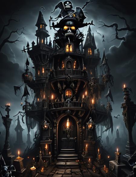 h4l0w3n5l0w5tyl3DonMD4rk detailed Pirate, Ghostly, Witches' Brew, Haunted Chandeliers, Visiting Cemeteries,  <lora:h4l0w3n5l0w5tyl3DonMD4rk_v1.1-000008:0.85>