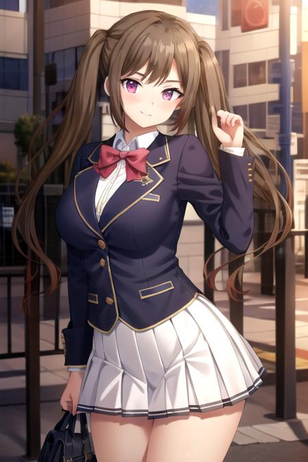 Isezaki Ema long hair,brown hair,twintails,bangs,pink eyes school uniform,black jacket,blazer,red bowtie,white shirt,collared shirt,long sleeves,armband,large breasts,skindentation,miniskirt,white skirt,pleated skirt,blue socks,black footwear,loafers