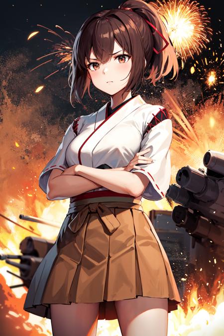 masterpiece, best quality, highres, hyuugaise, short hair, ponytail, hair ribbon, japanese clothes, short sleeves, hakama skirt, brown skirt, <lora:hyuuga_&_ise_v1:0.8>, standing, serious, war, explosion, crossed arms, cowboy shot