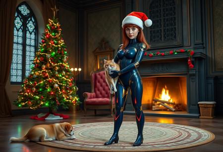 facing camera, beautiful woman's head with waist length red hair, wearing a Christmas hat, on a navy blue cyborg body with gold trim, face and eyes and neck are normal, hands properly formed with only 4 fingers and a thumb, her body has small breasts, both feet on the floor, red and green neon lights outline her legs and arms and encircling her midriff, bright studio lights are lighting her face, she's standing next to a Christmas tree, she's holding a cat in her arms, in a large well lit room in a castle, to the side of a large fireplace with a fire going, on the floor a few feet from the fireplace is an oval hand woven rug, on the rug one dog is resting to the side of the chair away from the woman's feet