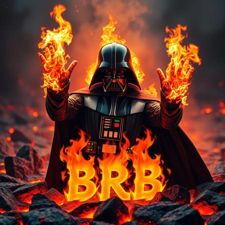 a photo of darth vader on fire in a pool of lava with arms up panicking and running with flaming text 'BRB' in flames