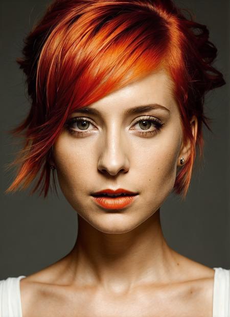 portrait of sks woman by Flora Borsi, style by Flora Borsi, bold, bright colours, orange Mohawk haircut, ((Flora Borsi)), <lora:lora_allisonmack_v1_from_v1_160:1>