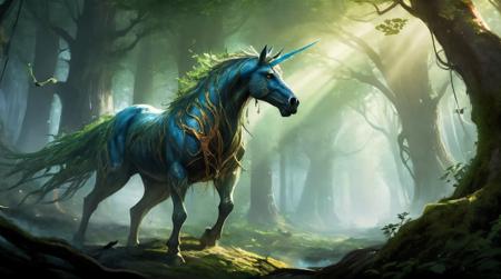 Description: Imagine a sprawling, ancient, and mysterious forest filled with towering, twisted trees, their branches forming natural archways. The forest floor is covered in thick, mossy undergrowth and illuminated by dappled sunlight. The air is thick with magic, and the forest seems to have a life of its own. In the foreground, visualize a fierce and valiant warrior, clad in intricately designed armor, wielding a magnificent sword that gleams with enchantment. This warrior exudes determination and strength, ready to face whatever challenges the forest holds. Beside the warrior, picture a powerful and wise sorcerer, with a staff adorned with mystical runes and a flowing robe that seems to blend with the forest's elements. The sorcerer commands the forces of nature, casting spells that create swirling winds, sparkling fire, and glowing orbs of energy .Further back in the scene, conjure a host of fantastical creatures: noble elves with bows drawn, ready to defend the forest, majestic unicorns watching over the battle, and enigmatic forest spirits emerging from the trees to aid the heroes.
Above them all, envision a dragon, majestic and fearsome, with iridescent scales and fiery breath, soaring through the forest canopy, adding an epic and mythical element to the scene.
Mood: The scene should be both epic and atmospheric, with a sense of danger and adventure. The colors should be rich and vibrant, with a focus on deep greens and earthy tones to create a connection with the forest.
Remember to emphasize the interplay of light and shadow to enhance the enchanted forest's ambiance and make the characters and creatures stand out.