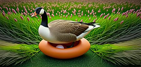 Here's a detailed image prompt for a "goose with a golden egg":  **Title:** The Goose and the Golden Egg: A Symbol of Abundance  **Scene:** A serene, sunlit meadow on a warm summer morning. The grass is a vibrant green, and wildflowers are in full bloom, adding splashes of color to the scene.  **The Goose:**  * Breed: Tundra goose (Anser serrirostris) or similar * Age: Mature adult, with a subtle sheen to its feathers indicating years of experience * Plumage: Soft, fluffy white feathers with a subtle yellowish tint on the neck and belly * Eyes: Bright, inquisitive brown eyes that seem to hold a hint of wisdom * Posture: The goose is standing tall, with its long neck held high and its head held at a slight angle, as if surveying its surroundings  **The Golden Egg:**  * Shape: Oval or slightly elliptical shape, with a smooth, glossy surface * Color: A rich, burnished gold that seems to glow with an inner light * Size: Slightly larger than the goose's head, but not so large that it overwhelms her * Position: The egg is nestled comfortably in the goose's feathers, as if she has been sitting on it for some time  **Background:**  * A serene, idyllic landscape with rolling hills and a distant lake or river * Soft, fluffy grasses and wildflowers of various colors and heights * A few scattered trees, perhaps a small copse or a solitary sapling * A subtle mist or haze in the distance, giving the scene a sense of depth and atmosphere  **Lighting:**  * Soft, diffused light with no harsh shadows or highlights * The sun is likely high overhead, casting an even glow over the entire scene * A few wispy clouds drifting lazily across the sky, adding texture and interest to the background  **Composition:**  * The goose is centered in the composition, perhaps slightly off-center to create a sense of movement or energy * The golden egg is prominently displayed, either held gently in the goose's beak or nestled comfortably beneath its wing * The surrounding environment is arranged to lead the viewer's eye back to the goose and its treasure * Consider incorporating natural elements like leaves, twigs, or rocks to create a sense of depth and texture  **Lighting:**  * Soft, warm light illuminates the scene from above, perhaps with a slight golden glow to highlight the egg * The lighting is gentle and even, avoiding harsh shadows or intense highlights * Consider using a subtle gradient effect to suggest the softness of the light  **Color Palette:**  * Earthy tones like greens, browns, and tans dominate the scene, evoking a sense of naturalness and authenticity * The golden egg serves as a pop of brightness, adding warmth and visual interest * Consider using a subtle gradient effect to suggest the richness of the soil and the surrounding foliage  **Composition:**  * The goose is centered in the frame, with plenty of negative space around it to emphasize its importance * The golden egg is prominently displayed, perhaps resting on the ground or nestled among some leaves * Consider using a slight diagonal line or curve to guide the viewer's eye through the composition, adding visual interest and depth  **Lighting:**  * Soft, natural light falls from above, casting gentle shadows and highlighting the textures of the goose's feathers and the golden egg * The lighting is warm and inviting, with a subtle glow that suggests the presence of sunlight * Consider using a slight gradient effect to suggest the warmth and richness of the light  **Color Palette:**  * Earthy tones such as green, brown, and beige dominate the scene, evoking a sense of natural beauty and serenity * The golden egg shines brightly, adding a touch of luxury and wonder to the scene * Consider incorporating subtle hints of blue or purple to suggest the presence of sky or water in the background  **Composition:**  * The goose is centered in the composition, with the golden egg placed prominently at its feet * The surrounding environment is blurred slightly, creating a sense of depth and context without distracting from the main subject * Consider using negative space to create a sense of simplicity and focus on the goose and its treasure  **Lighting:**  * Soft, warm lighting that suggests a sunny day or a cozy barn interior * A gentle highlight on the golden egg to make it glow with an inner light * Shading on the goose's feathers to suggest texture and dimensionality  **Color Palette:**  * Earthy tones such as greens, browns, and tans for the surrounding environment * Rich golds and yellows for the egg and any highlights on the goose's feathers * Soft blues or purples for shadows and shading on the goose's body  **Composition:**  * The goose is placed in a natural setting, perhaps surrounded by grasses or standing near a rustic gate * The golden egg is prominently displayed, either nestled in the goose's feathers or lying nearby * The camera is positioned at a slight angle to create a sense of depth and dimensionality * The background is blurred or out-of-focus to draw attention to the subject  **Lighting:**  * Soft, warm natural light filters through the scene, casting gentle shadows on the subject * The lighting is even and consistent, with no harsh or unflattering highlights * A subtle gradient of color and texture adds depth and interest to the background  **Color Palette:**  * Earthy tones such as green, brown, and beige dominate the scene * Golden hues are used to accentuate the goose's feathers and the egg itself * Soft blues or purples add a touch of nuance to the shadows and highlights  **Composition:**  * The goose is centered in the frame, with the golden egg nestled comfortably at its feet * The background is blurred slightly, drawing attention to the subject and creating a sense of intimacy * Negative space around the goose creates a clean and uncluttered composition  **Texture and Patterns:**  * The goose's feathers are rendered in soft, fluffy texture, with subtle variations in color and sheen * The golden egg shines with a warm, metallic luster, reflecting the light and adding depth to the image * Grasses or foliage surrounding the goose may have intricate patterns or textures, adding visual interest  **Lighting:**  * Soft, diffused natural light illuminates the scene, casting gentle shadows and highlighting the texture of the feathers and egg * The lighting is subtle yet evocative, suggesting a peaceful, serene atmosphere  **Additional details:**  * Consider incorporating subtle hints of movement or action in the image, such as the goose's feathers ruffled by a gentle breeze or the golden egg slightly askew. * Pay attention to the textures and patterns on the ground, such as grasses, leaves, or small rocks, which can add depth and visual interest to the scene.  **Image dimensions:**  * Resolution: 3000 x 2000 pixels (or higher) * Aspect ratio: 3:2 * Color mode: RGB  **Style guidelines:**  * Realistic style: Aim for a photorealistic representation of the goose and its surroundings. * High-quality textures: Use high-frequency textures to create detailed, realistic representations of the goose's feathers, the golden egg, and the surrounding environment. * Attention to lighting: Capture the subtle play of light on the goose's feathers, the egg, and the surrounding environment.  **Composition guidelines:**  * Center the goose in the image, with the golden egg prominently displayed next to it. * Use a shallow depth of field to blur the background, focusing attention on the goose and the egg. * Consider including some subtle hints of the larger world beyond the frame (e.g., a faint landscape or a few scattered feathers).  **Additional details:**  * The goose should be depicted in a natural pose, as if it has just laid the egg. This could include gentle curves to its neck or tail, and a relaxed expression on its face. * The golden egg should be depicted with a subtle sheen, reflecting the light around it. You may want to consider adding some texture or ridges to give it a more realistic appearance. * Consider including some surrounding elements that reflect the natural world (e.g., grasses, leaves, feathers). These can add visual interest and help tie the image together.  **Visual reference:**  For inspiration, you might consider looking at images of geese in their natural habitats. You could also research the symbolism associated with golden eggs in various cultures to inform your depiction.  **Color palette:**  * Main colors: earthy tones (browns, tans, greens) with a hint of gold * Accent colors: blues and whites for the goose's feathers and surrounding environment  **Composition:**  * The goose should be positioned in the center or slightly off-center, with its golden egg nestled at its feet. * Consider using negative space to create a sense of depth and visual interest. You might leave some areas of the image uncolored or shaded to create a sense of atmosphere. * Pay attention to the texture and pattern of the goose's feathers, as well as the shape and color of the golden egg.  **Additional details:**  * Consider adding some subtle hints of movement or action to the composition, such as a few wisps of grass blowing in the wind or the goose's feathers rustling slightly. * Think about incorporating some subtle symbolism or metaphor into the image. For example, you could depict the golden egg nestled among luscious greenery, suggesting growth and abundance.  **Image Requirements:**  *