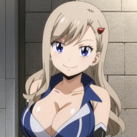 rebecca bluegarden, Edens Zero, mashima hiro, blonde hair, blue eyes, 1girl, breasts, solo, cleavage, long hair, collarbone,smile, large breasts, swept bangs, upper body, shiny, gloves, closed mouth, asymmetrical bangs, bangs, elbow gloves, shiny hair, <lora:rebecca_bluegarden:1> <hypernet:sgqo1n:1.0>