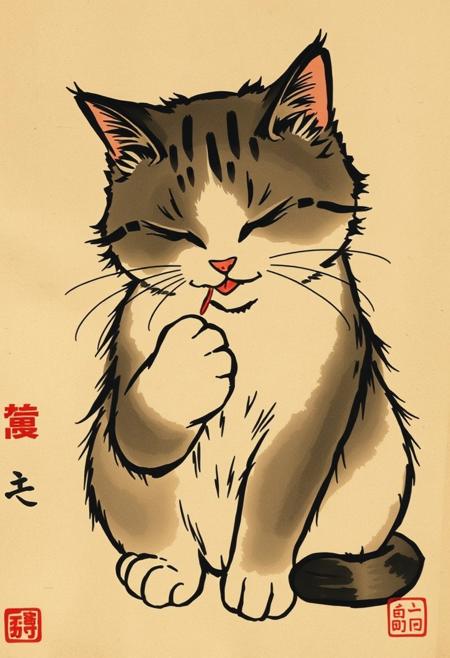 traditional japanese art style, ink on paper, wabi-sabi, henna and carmine, sepia, BREAK, cute, japanese cat, dramatic pose, licking its paw